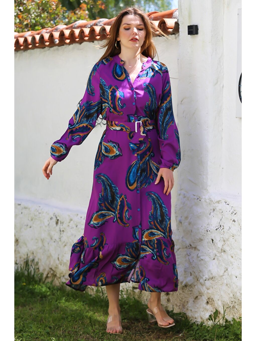 Mor Hakim Yaka Balon Kol Şal Desenli Düğmeli Eteği Fırfırlı Kemerli Casual Dokuma Elbise 145 65-1