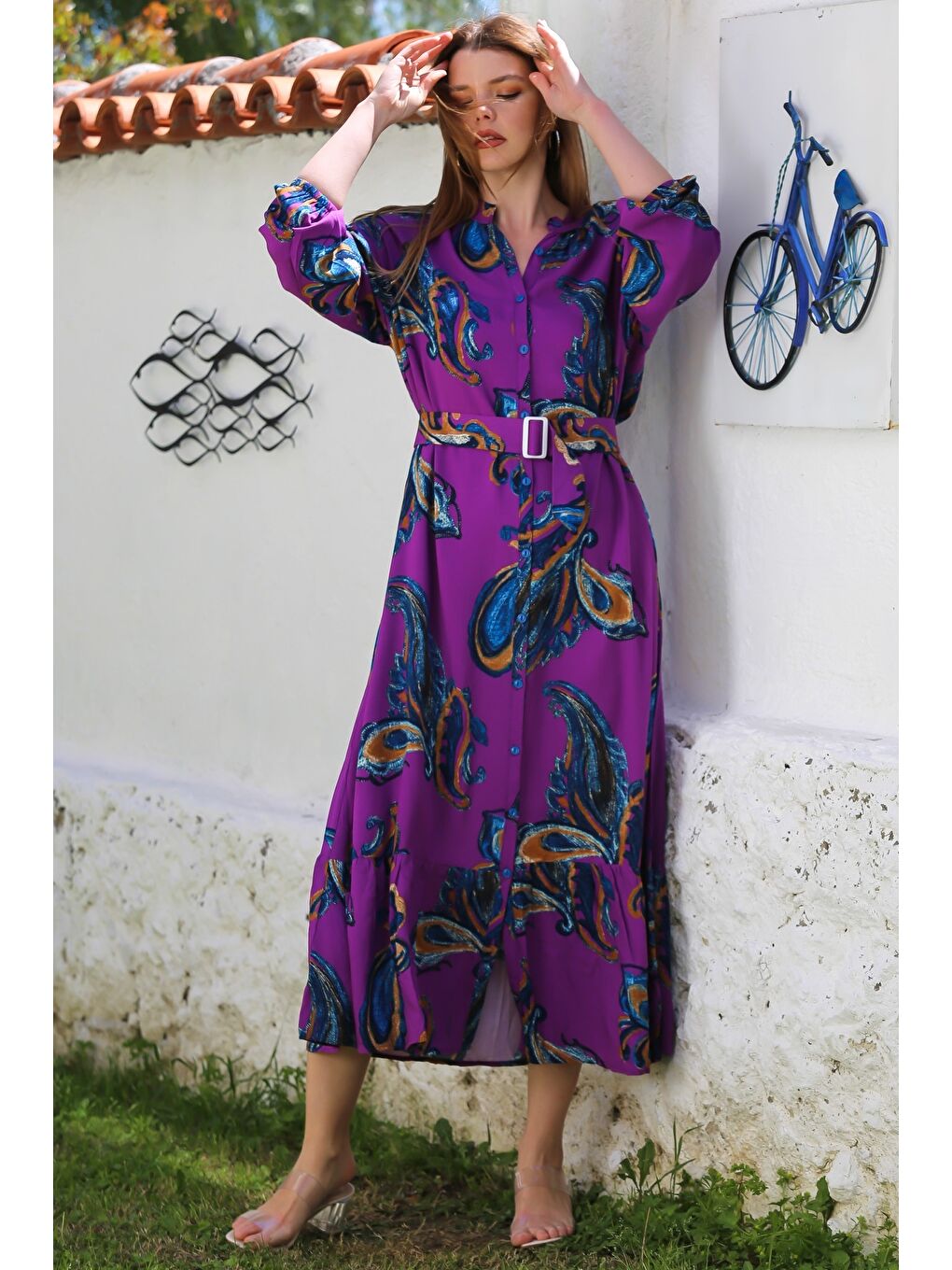 Mor Hakim Yaka Balon Kol Şal Desenli Düğmeli Eteği Fırfırlı Kemerli Casual Dokuma Elbise 145 65-2