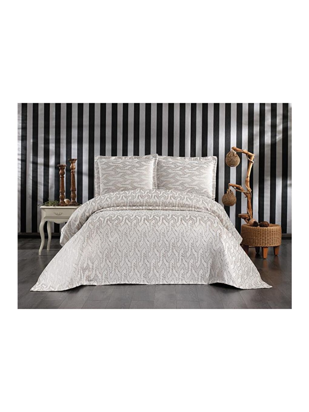 Kahverengi Darla Jakarlı Çift Kişilik Pike Takımı Cappucino-1