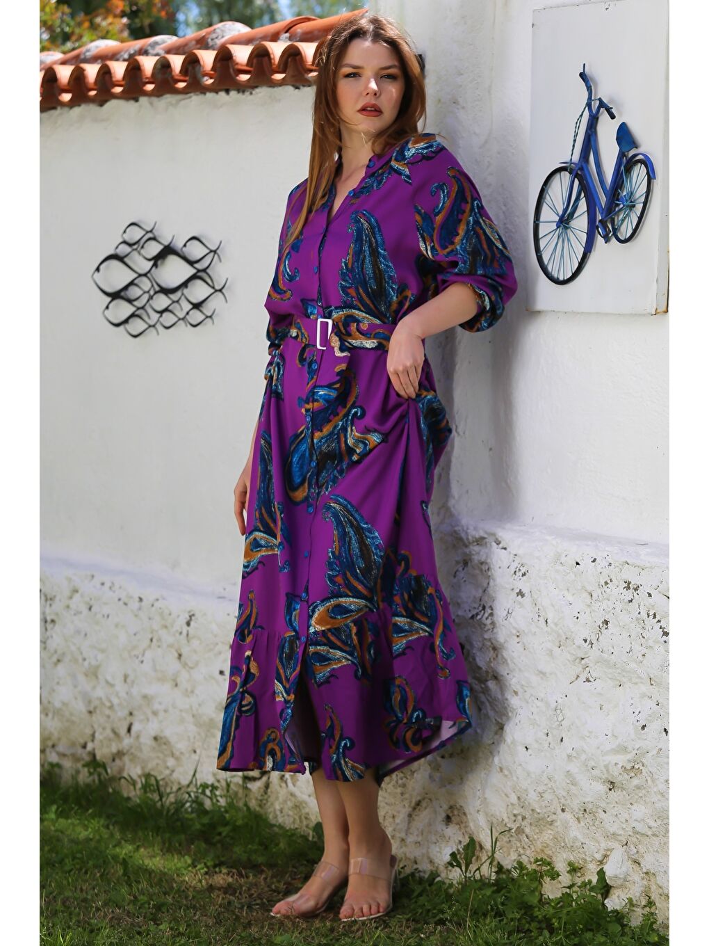 Mor Hakim Yaka Balon Kol Şal Desenli Düğmeli Eteği Fırfırlı Kemerli Casual Dokuma Elbise 145 65-3