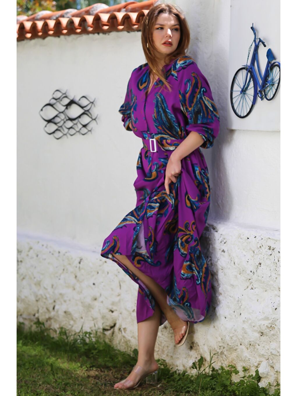 Mor Hakim Yaka Balon Kol Şal Desenli Düğmeli Eteği Fırfırlı Kemerli Casual Dokuma Elbise 145 65-4