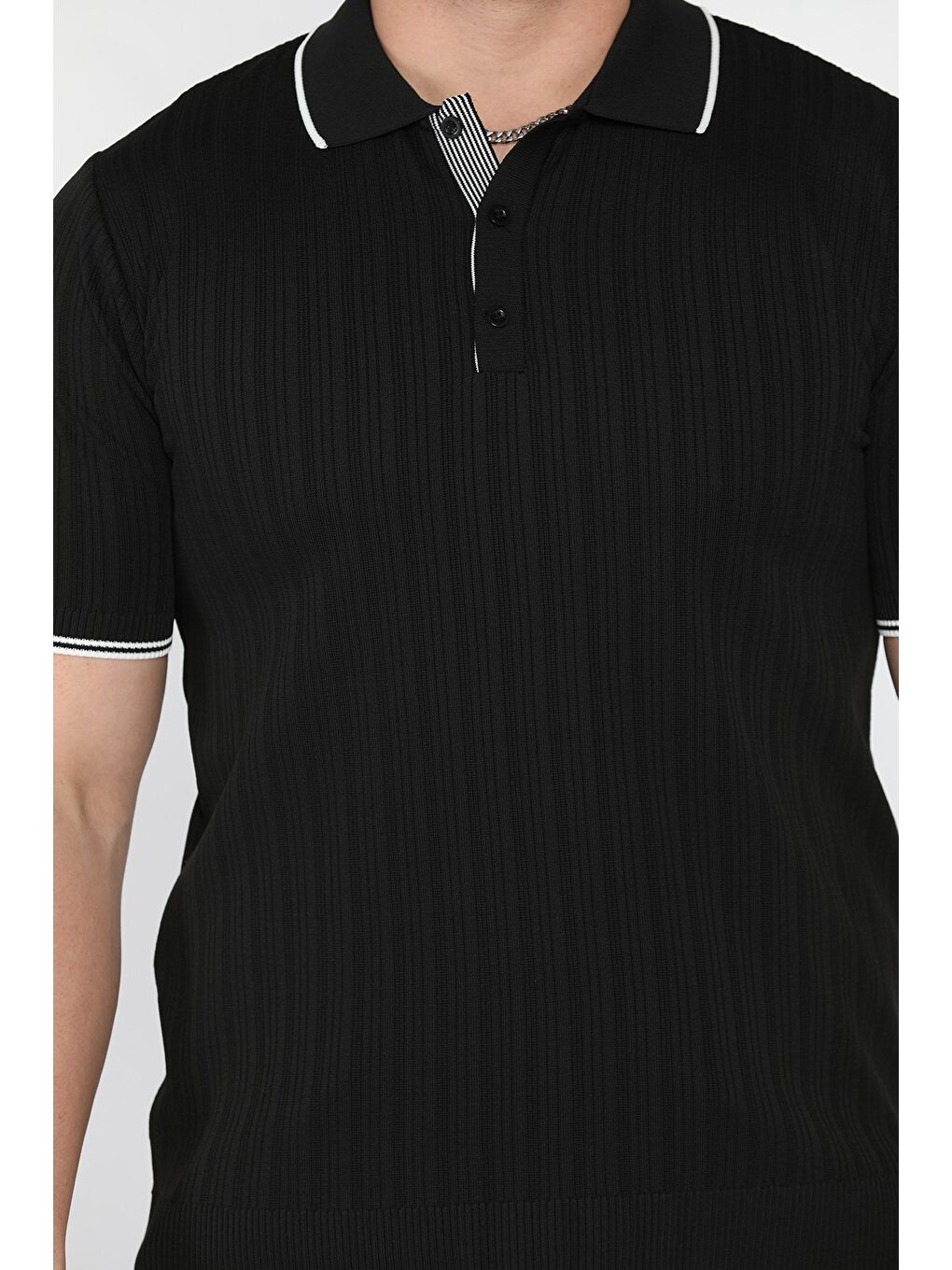Siyah Erkek Polo Yaka Yarım Düğmeli Triko Tişört-3