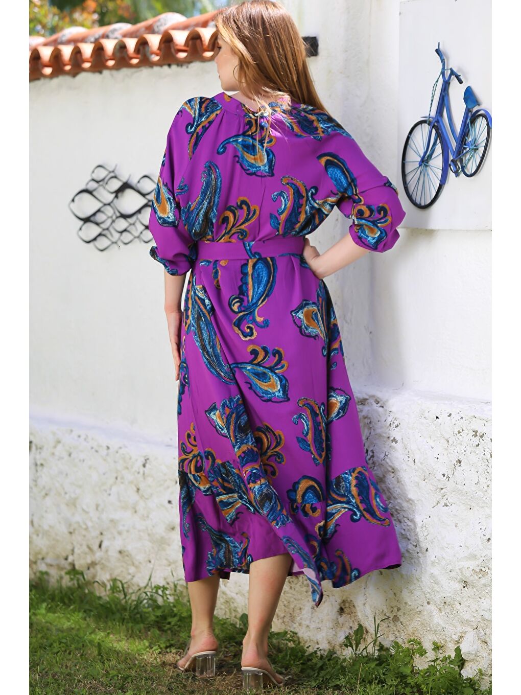 Mor Hakim Yaka Balon Kol Şal Desenli Düğmeli Eteği Fırfırlı Kemerli Casual Dokuma Elbise 145 65-5