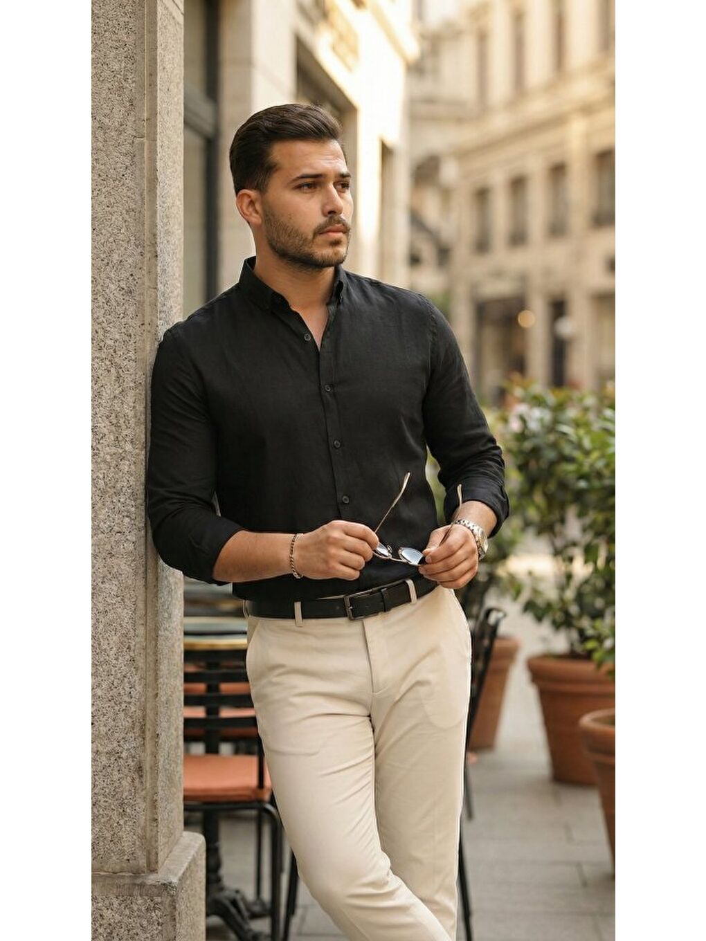 Siyah Erkek Uzun Kollu Rahat Keten Gömlek