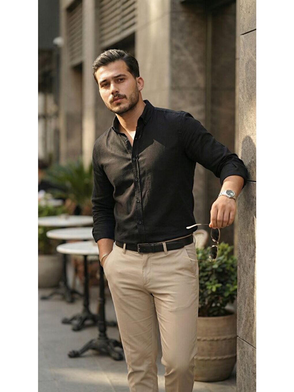 Siyah Erkek Uzun Kollu Rahat Keten Gömlek-1