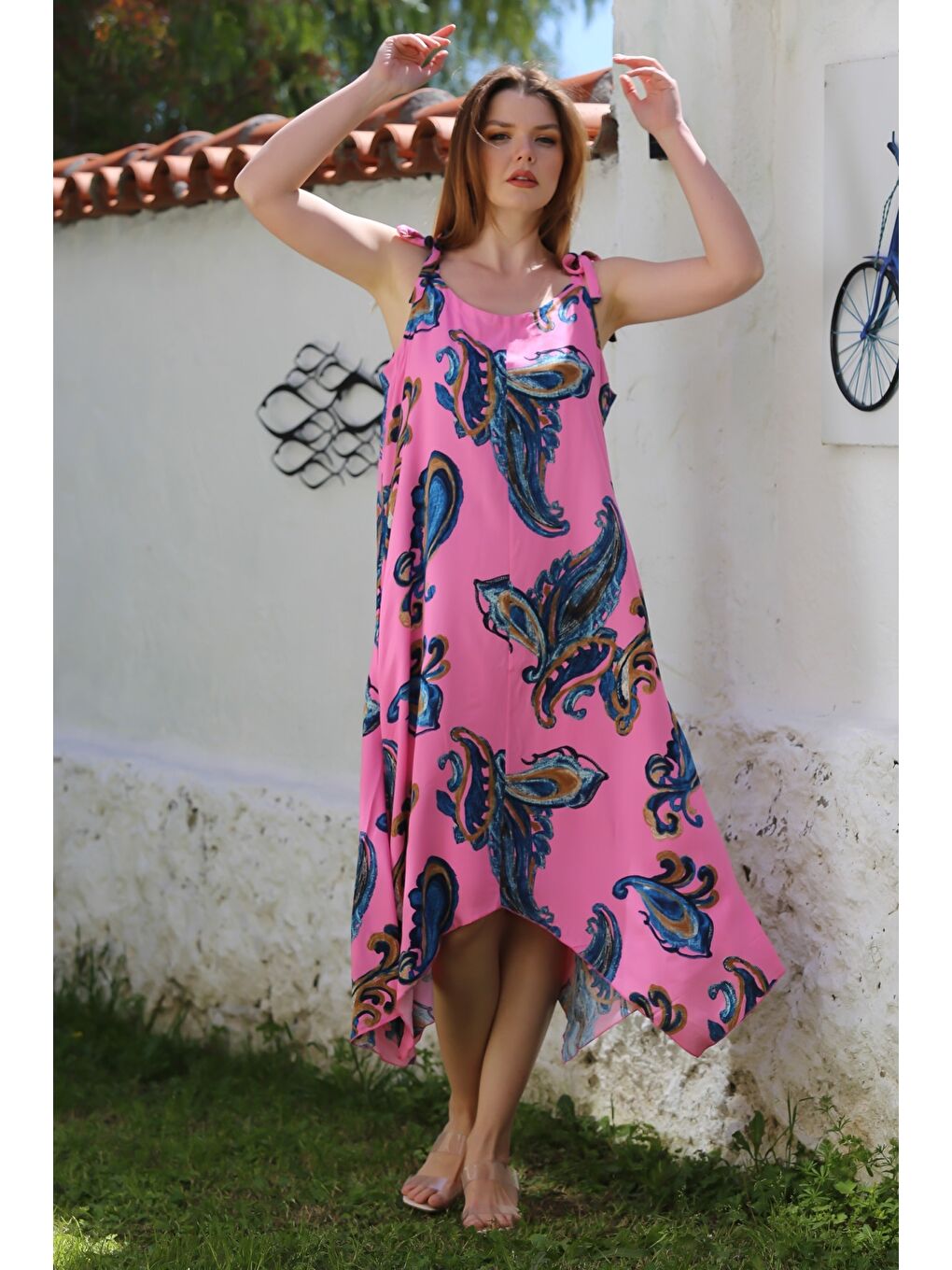 Pembe Yakasız Askılı Şal Desenli Gizli Cepli Casual Viskon Dokuma Elbise 125 58-3