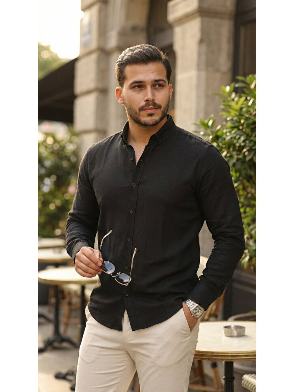 Siyah Erkek Uzun Kollu Rahat Keten Gömlek-2