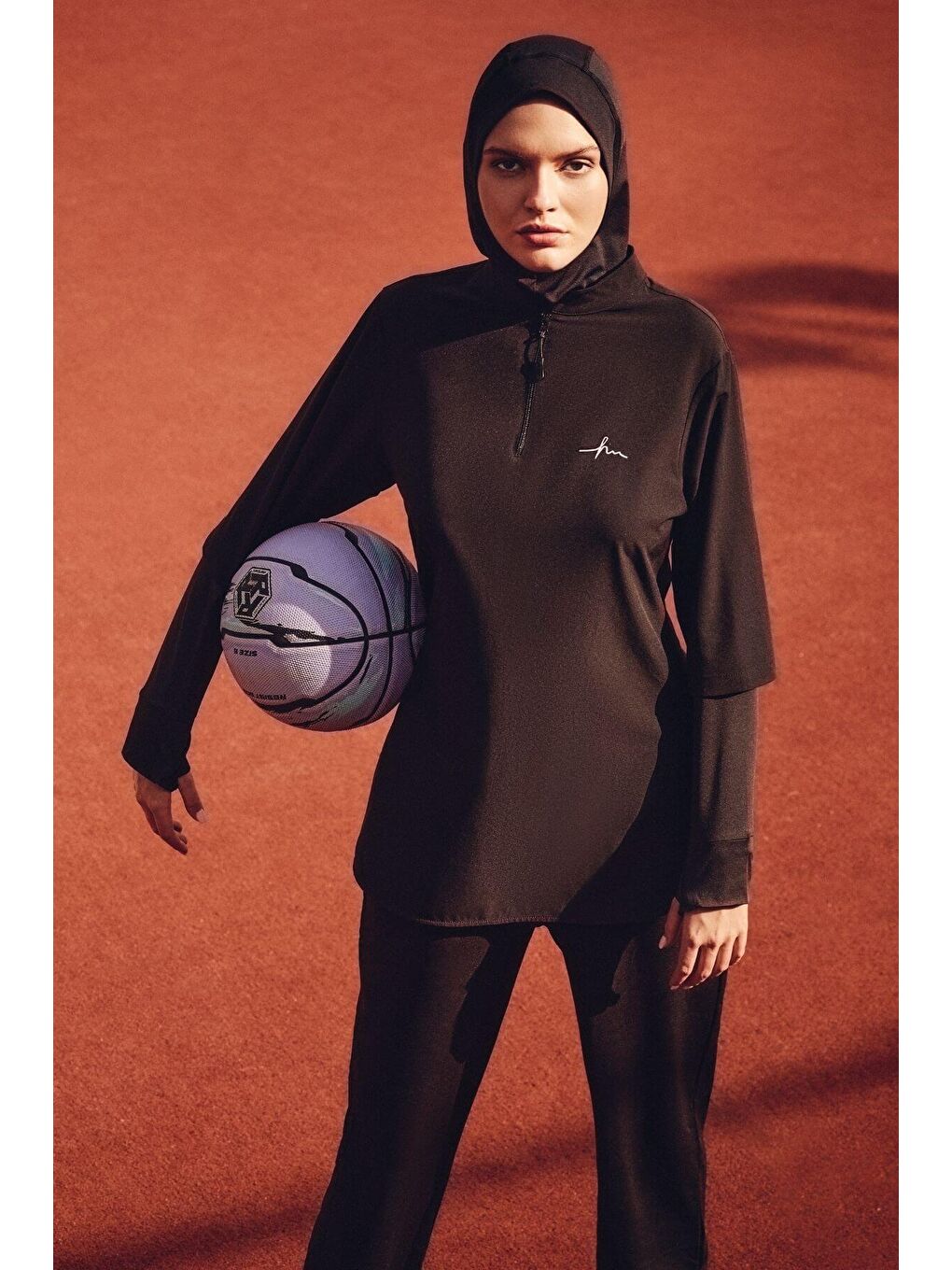 Active Uzun Kollu Yakası Fermuarlı Siyah Tesettür Antrenman Tişörtü Act-9-1