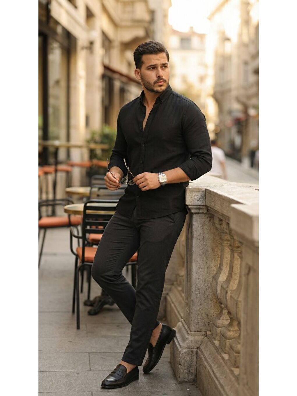 Siyah Erkek Uzun Kollu Rahat Keten Gömlek-4