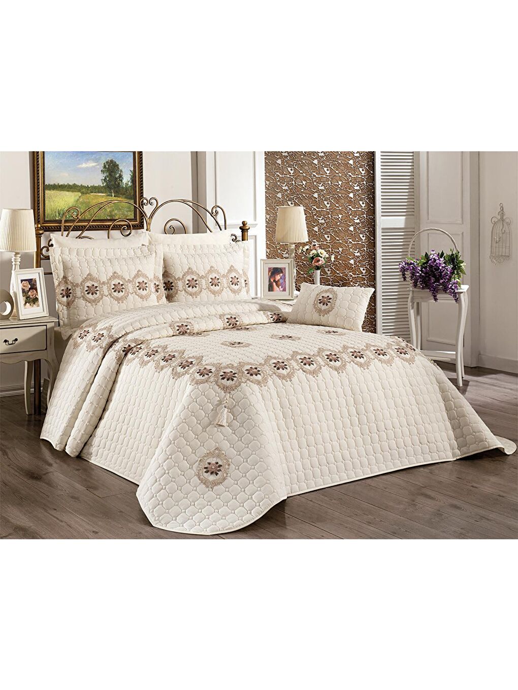 Ekru Angel Çift Kişilik Yatak Örtüsü Krem Gold