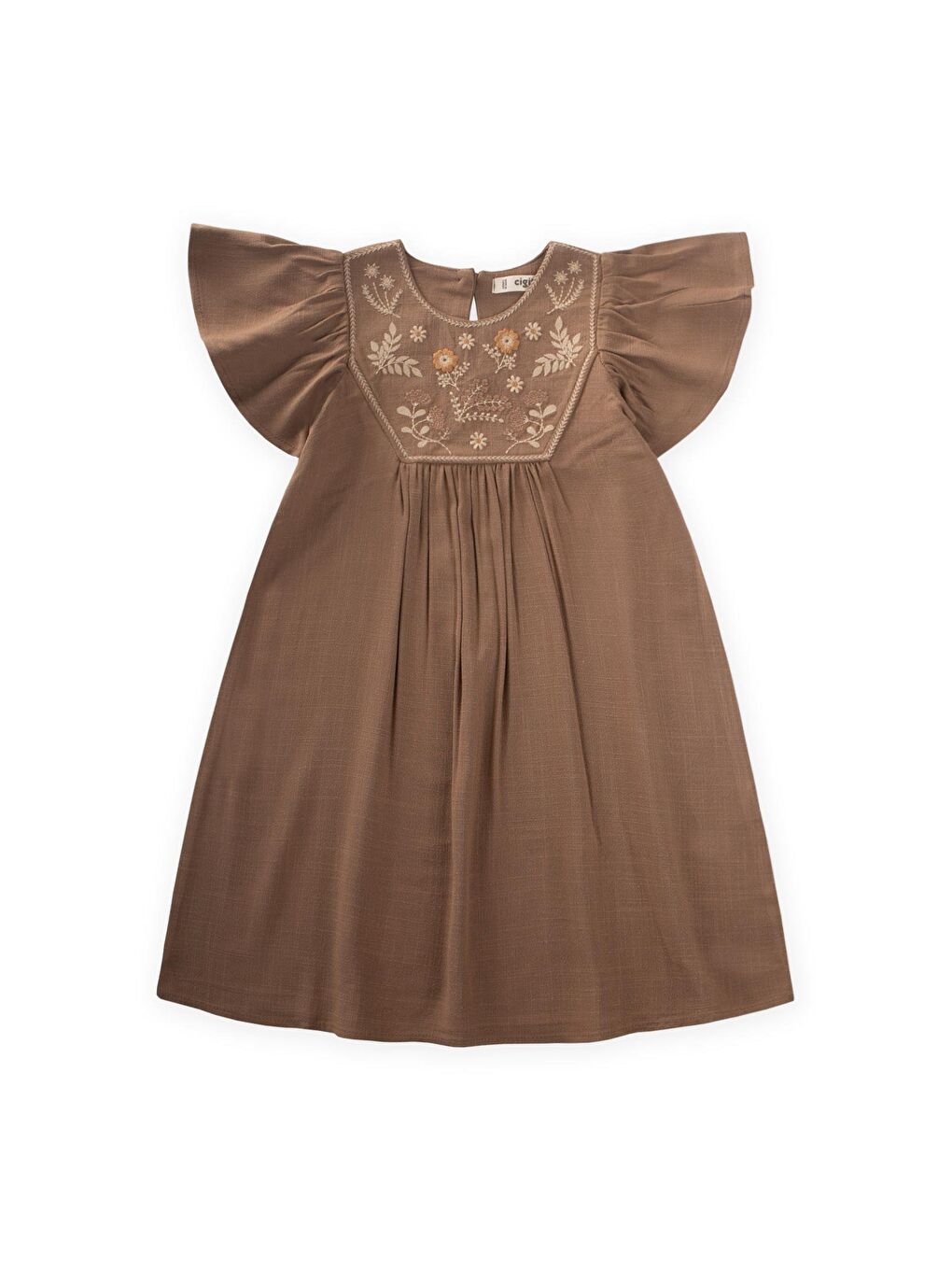 Kahverengi Kız Çocuk Nakışlı Keten Elbise