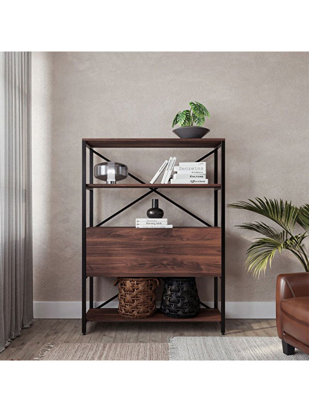 Kahverengi Düşer Kapaklı Kitaplık - Ceviz - 154x36x112 cm-4