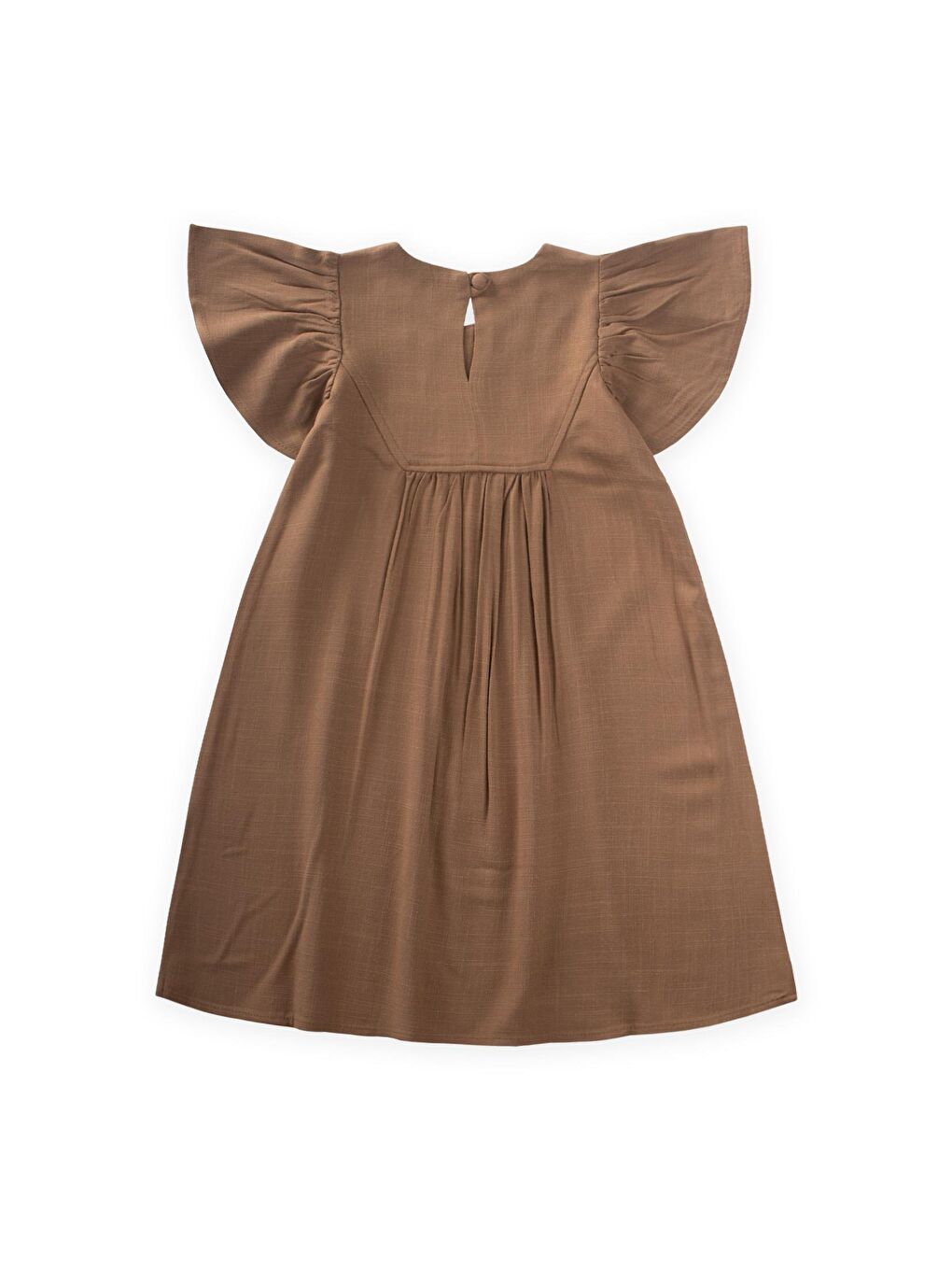 Kahverengi Kız Çocuk Nakışlı Keten Elbise-1