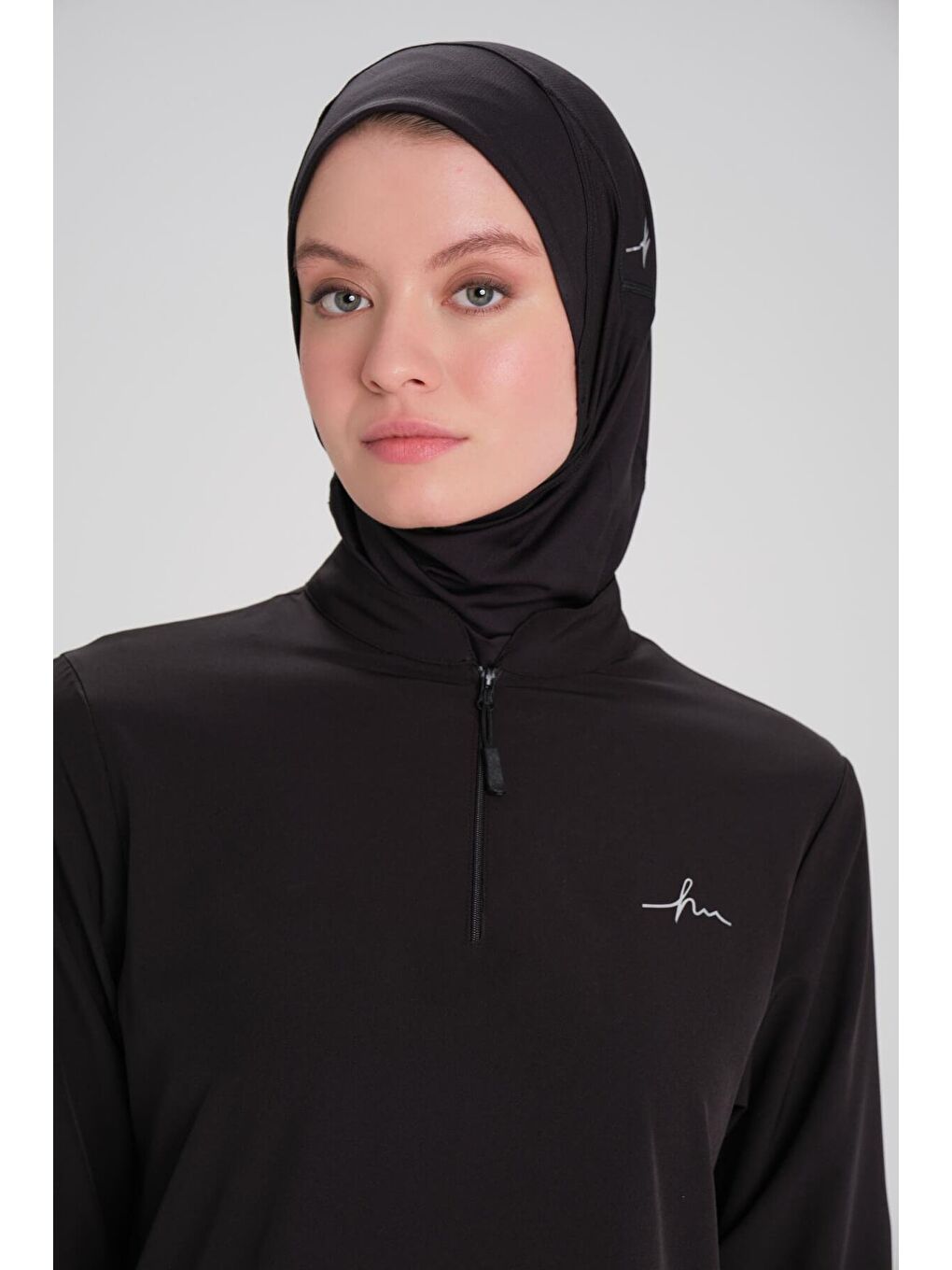 Active Uzun Kollu Yakası Fermuarlı Siyah Tesettür Antrenman Tişörtü Act-9-7