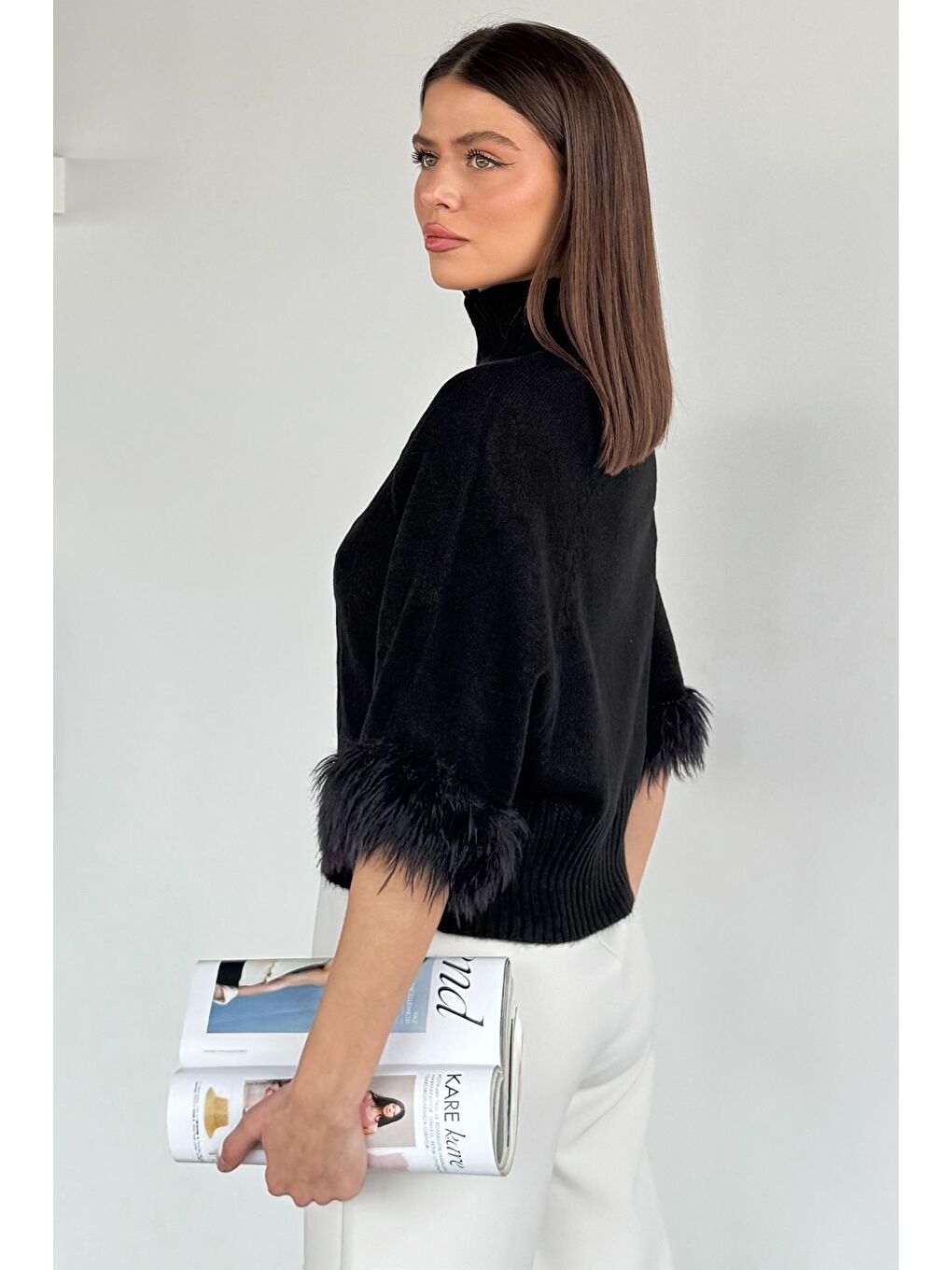 Siyah Kadın Balıkçı Yaka Kol Pelüş Detaylı Triko Bluz-3