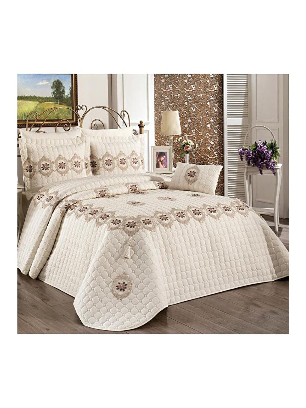 Ekru Angel Çift Kişilik Yatak Örtüsü Krem Gold-2