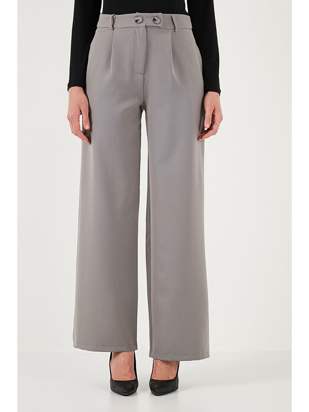 Gri Standart Fit Yüksek Bel Bol Paça Pantolon 6522280-2