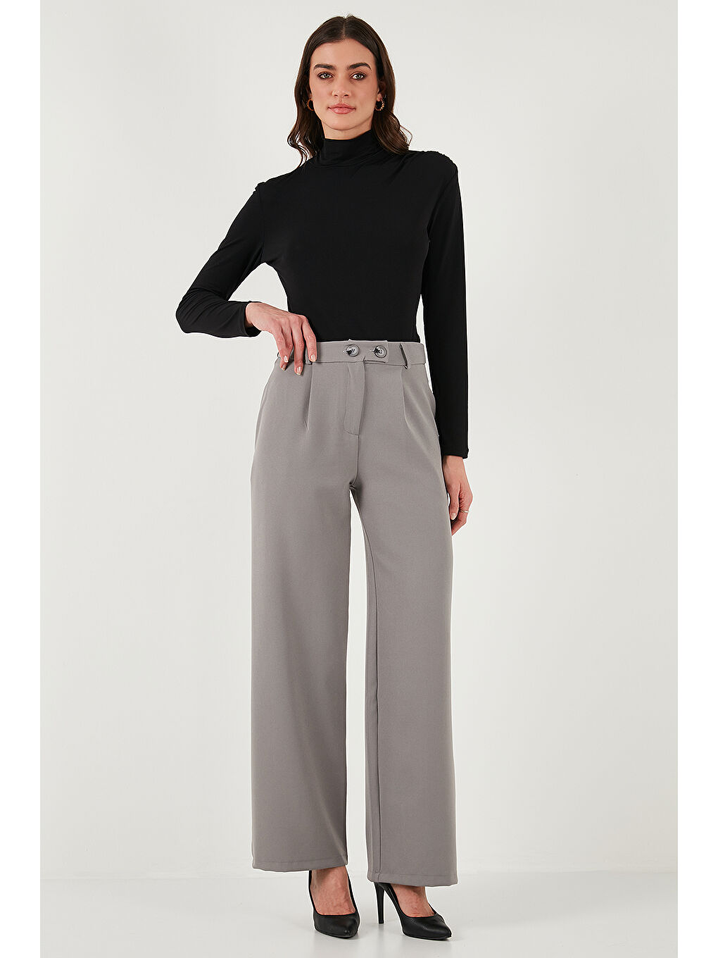 Gri Standart Fit Yüksek Bel Bol Paça Pantolon 6522280-3