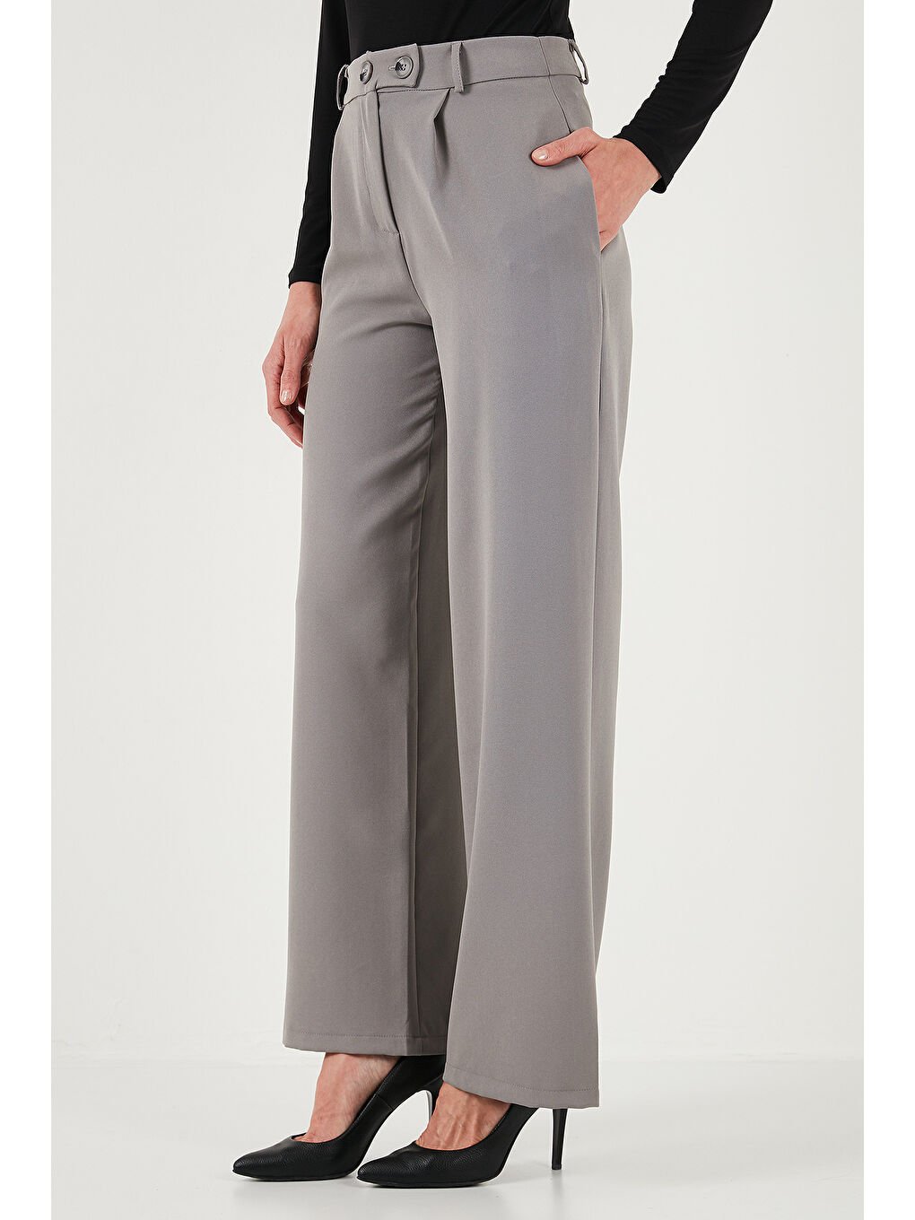 Gri Standart Fit Yüksek Bel Bol Paça Pantolon 6522280-4