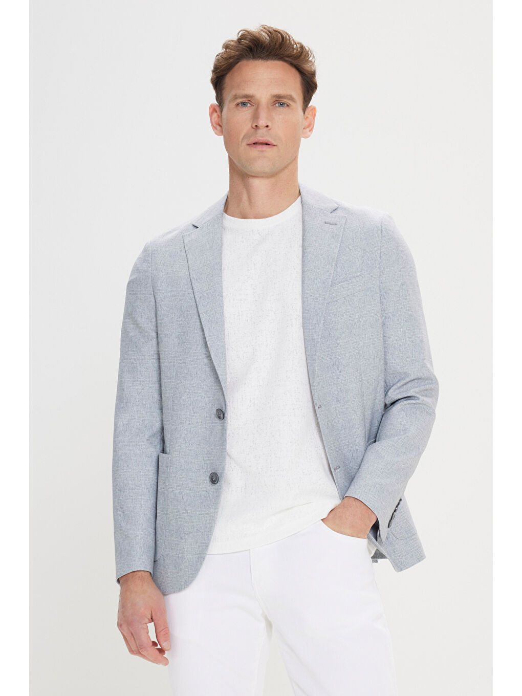 Erkek Gri-Mavi 360 Her Yöne Esneyen Slim Fit Dar Kesim Mono Yaka Desenli Blazer Ceket-2