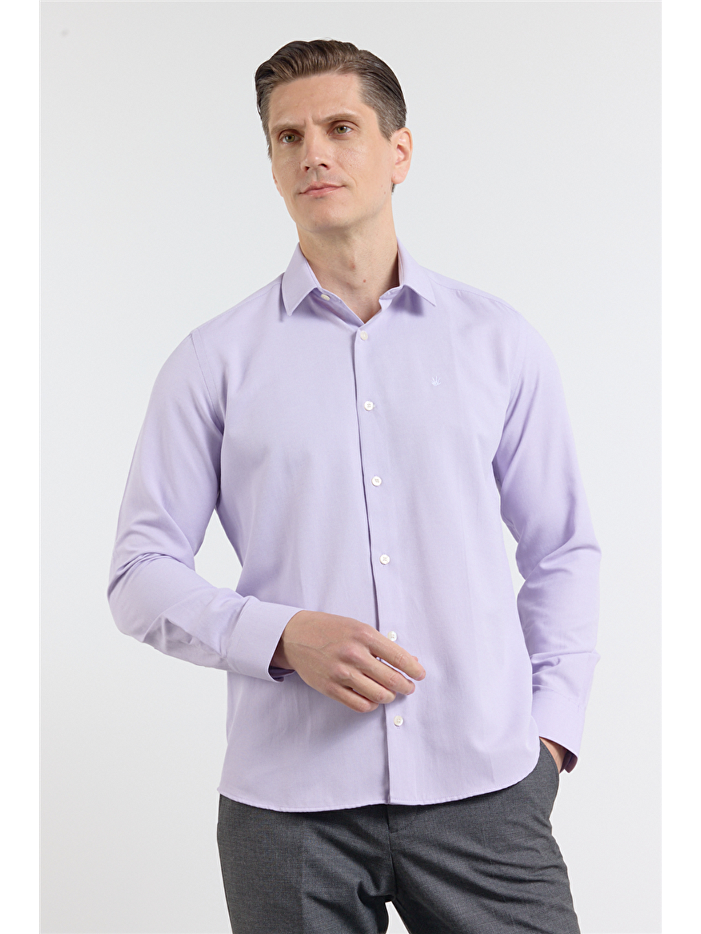 Lila Sert Yaka Uzun Kol Cepsiz Slim Fit Pamuklu Gömlek 1004255284-2