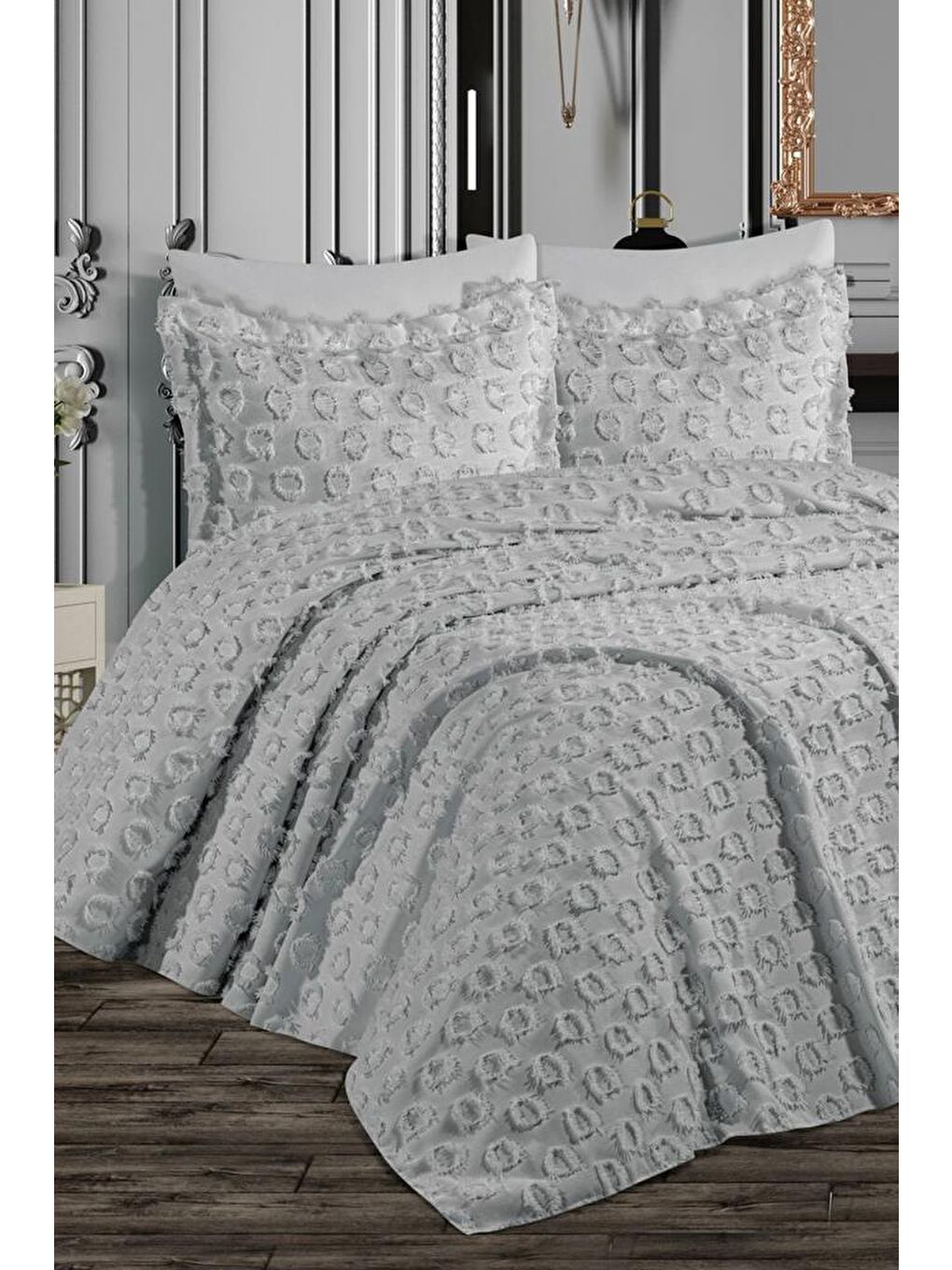 Malina Ponpon 3 Parça Çift Kişilik Pike Takımı Gri