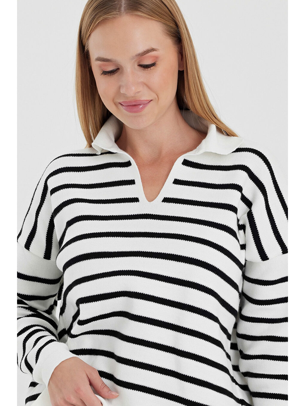 Ekru Gömlek Yaka Uzun Kol Çizgili Casual Uzun Triko Kazak 60 65