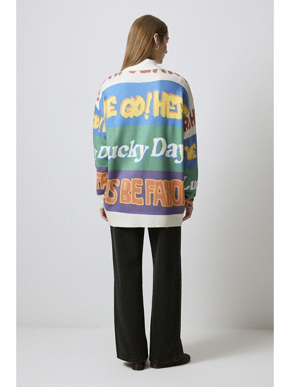 Siyah Blok Renkli Baskılı Triko Kazak-3