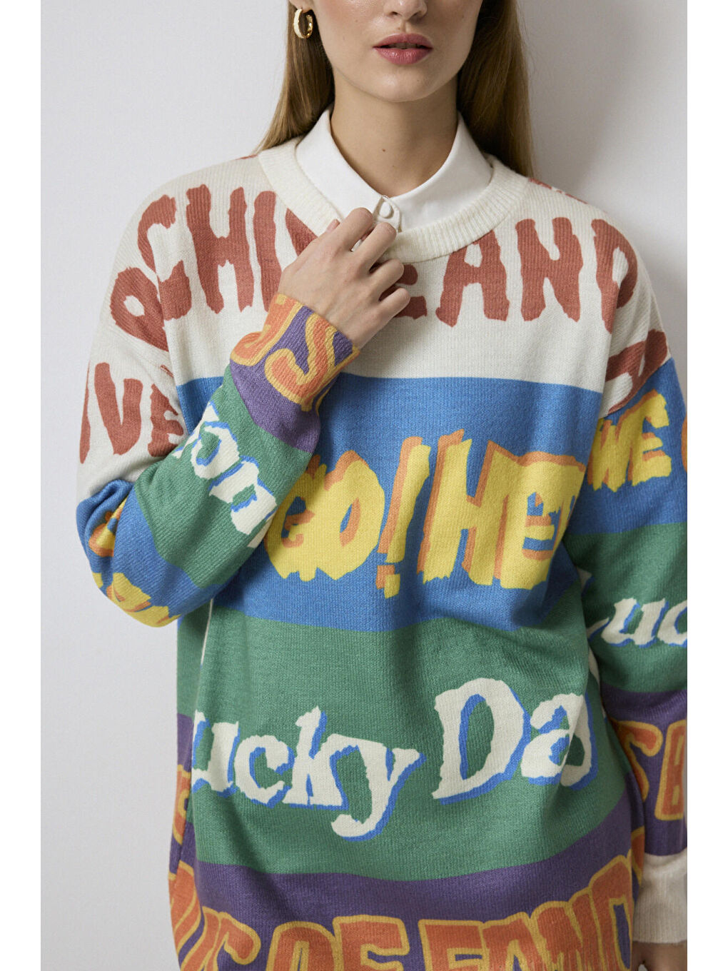 Siyah Blok Renkli Baskılı Triko Kazak-4