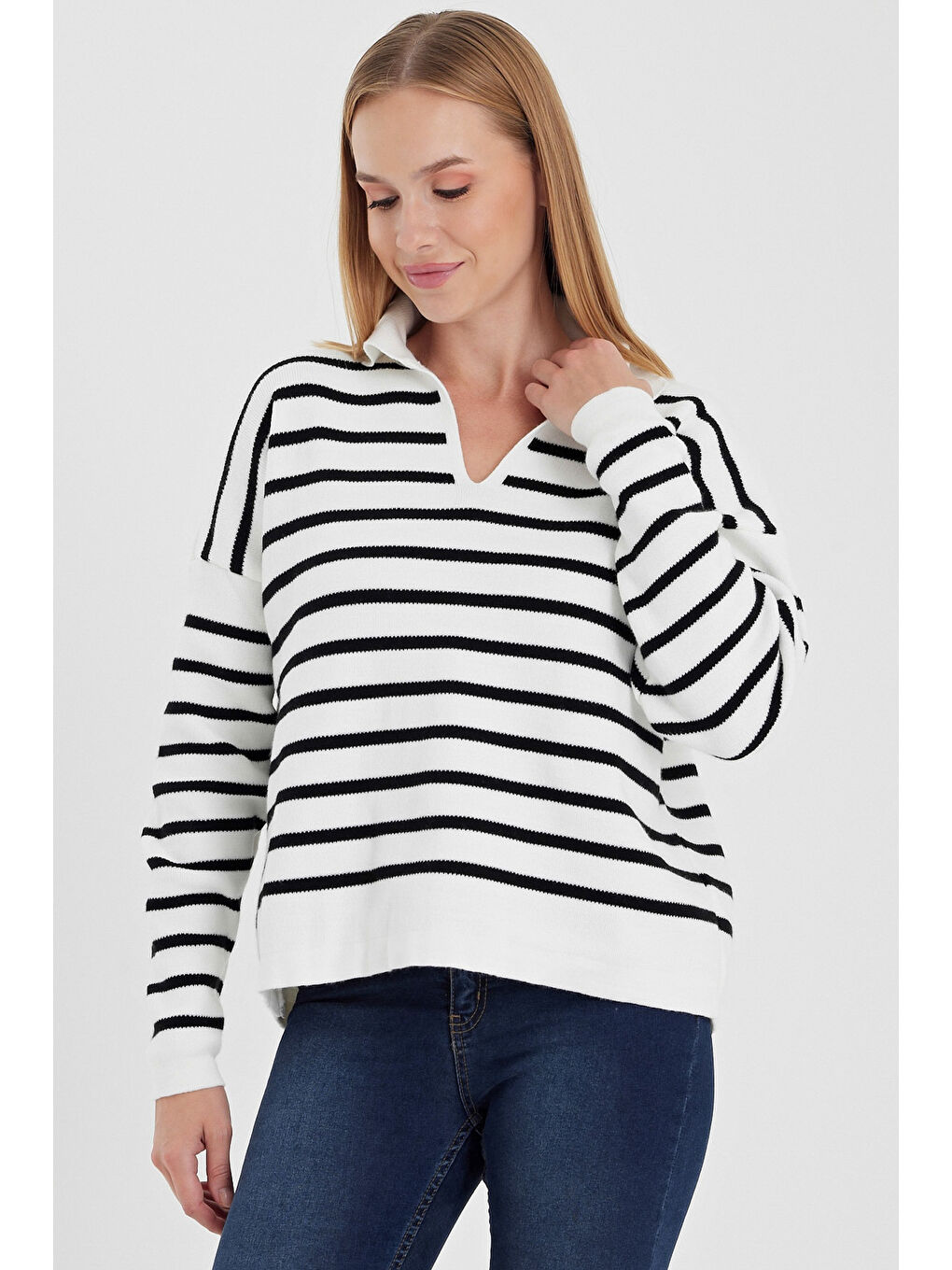 Ekru Gömlek Yaka Uzun Kol Çizgili Casual Uzun Triko Kazak 60 65-1