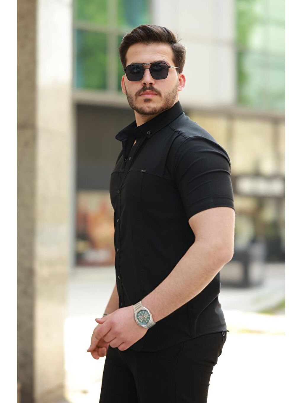 Siyah Erkek çıtçıt Düğmeli Kısa Kollu Gömlek-1