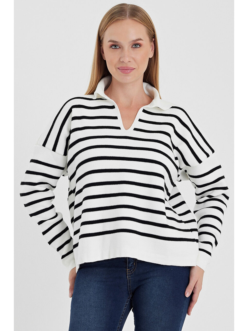 Ekru Gömlek Yaka Uzun Kol Çizgili Casual Uzun Triko Kazak 60 65-2