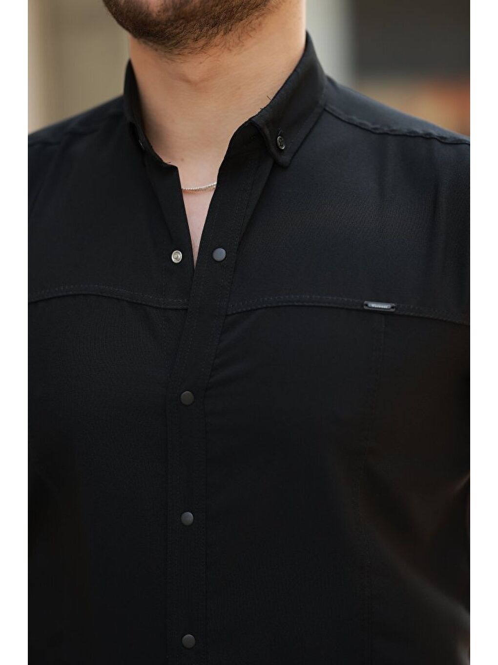 Siyah Erkek çıtçıt Düğmeli Kısa Kollu Gömlek-2