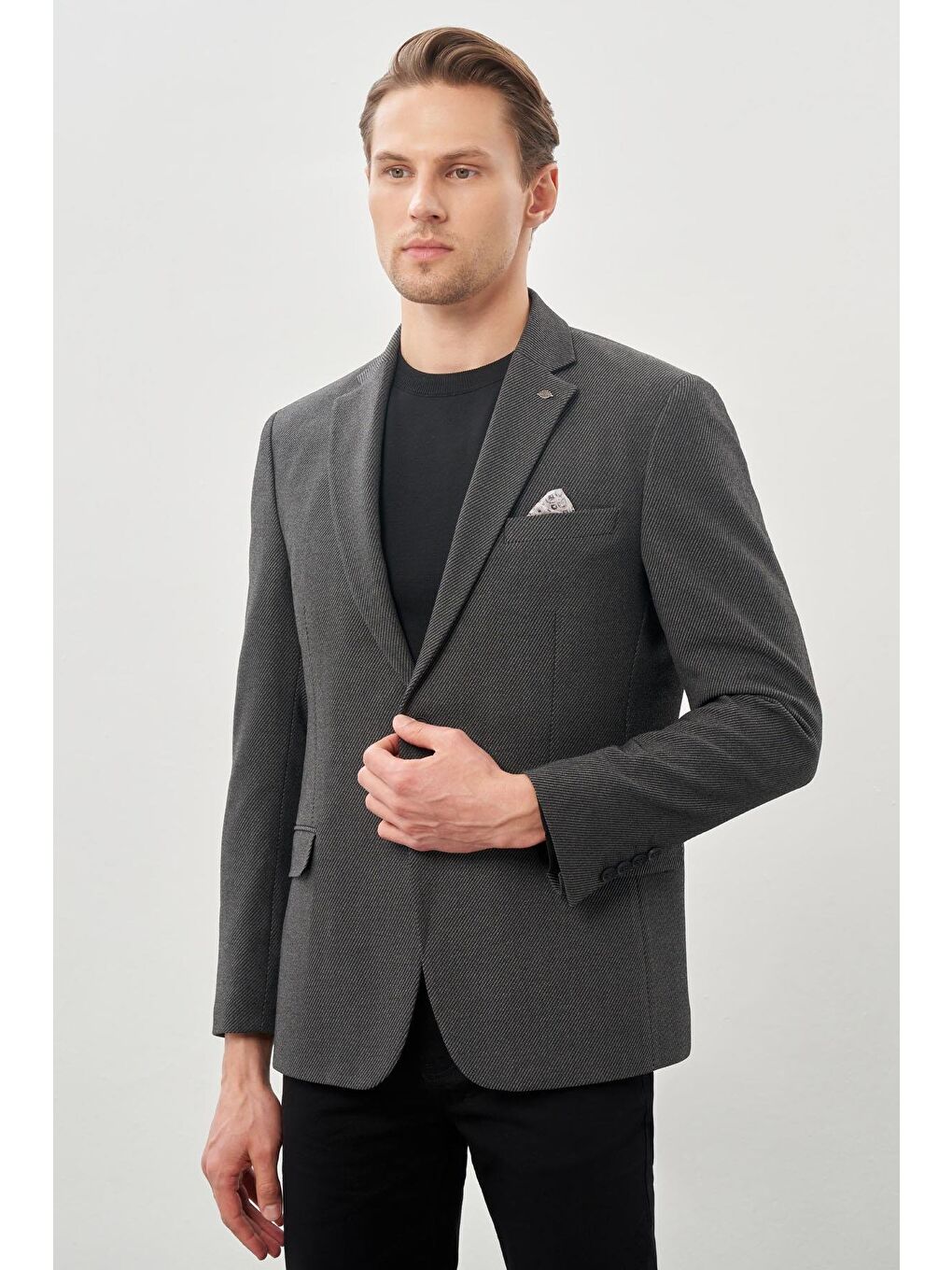 Koyu Antrasit Gabardin Mono Yaka Tam Astar Esnek 6 Drop Slim Fit Casual Ceket 1002245162-2