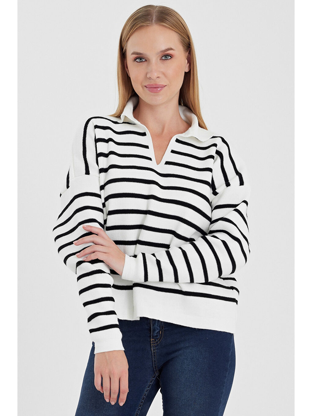 Ekru Gömlek Yaka Uzun Kol Çizgili Casual Uzun Triko Kazak 60 65-3