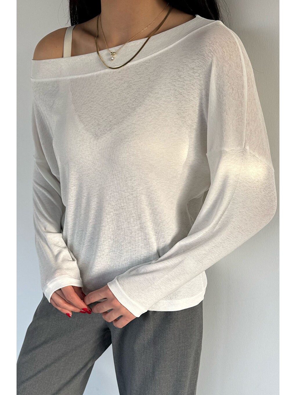 Ekru Kadın Kayık Yaka Elastanlı Basic Bluz-1