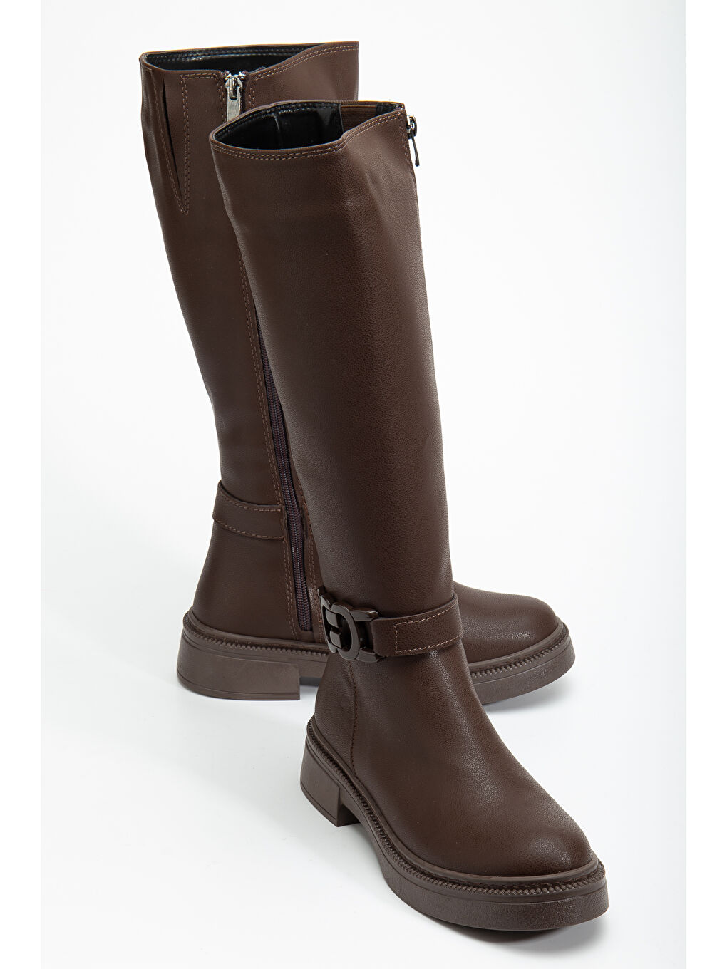 Kahverengi Kadın Kahve Cilt Kalın Termo Taban Tokalı Fermuarlı Çizme-1