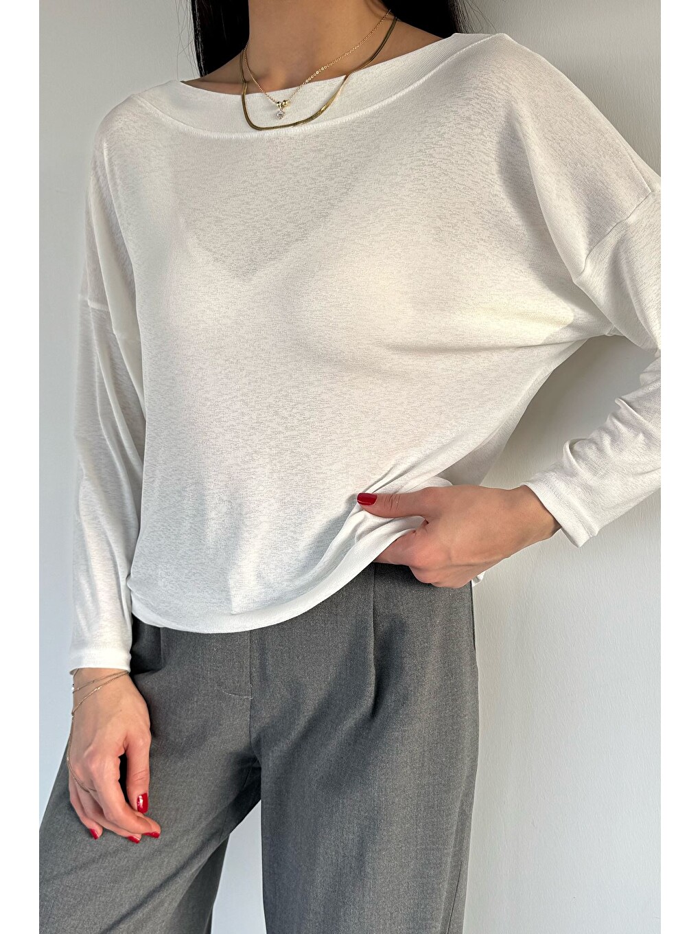 Ekru Kadın Kayık Yaka Elastanlı Basic Bluz-2