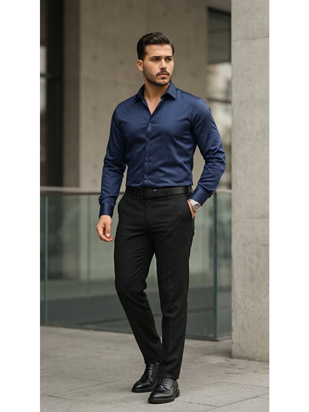 Lacivert Erkek Saten Klasik Gömlek