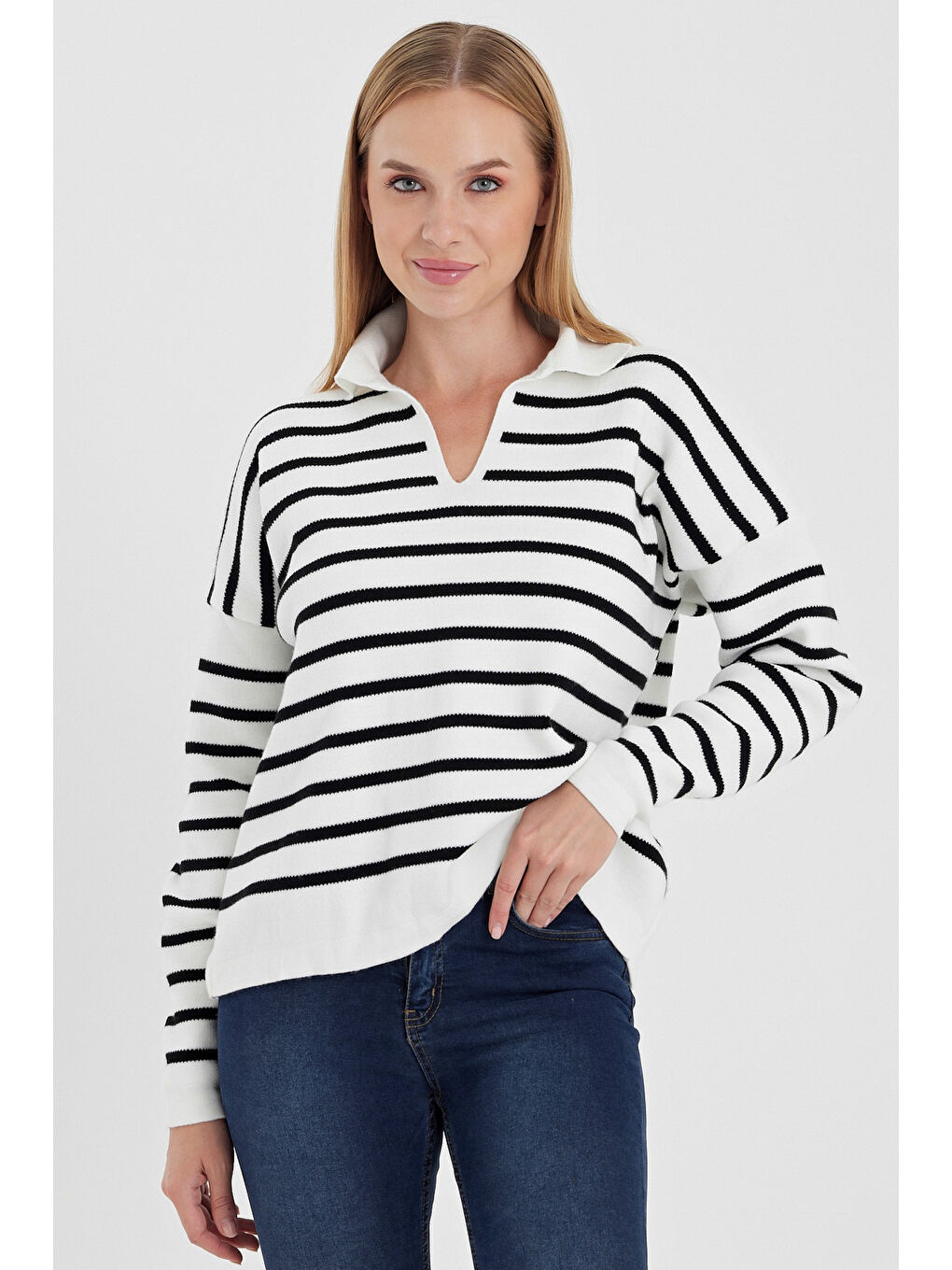 Ekru Gömlek Yaka Uzun Kol Çizgili Casual Uzun Triko Kazak 60 65-4