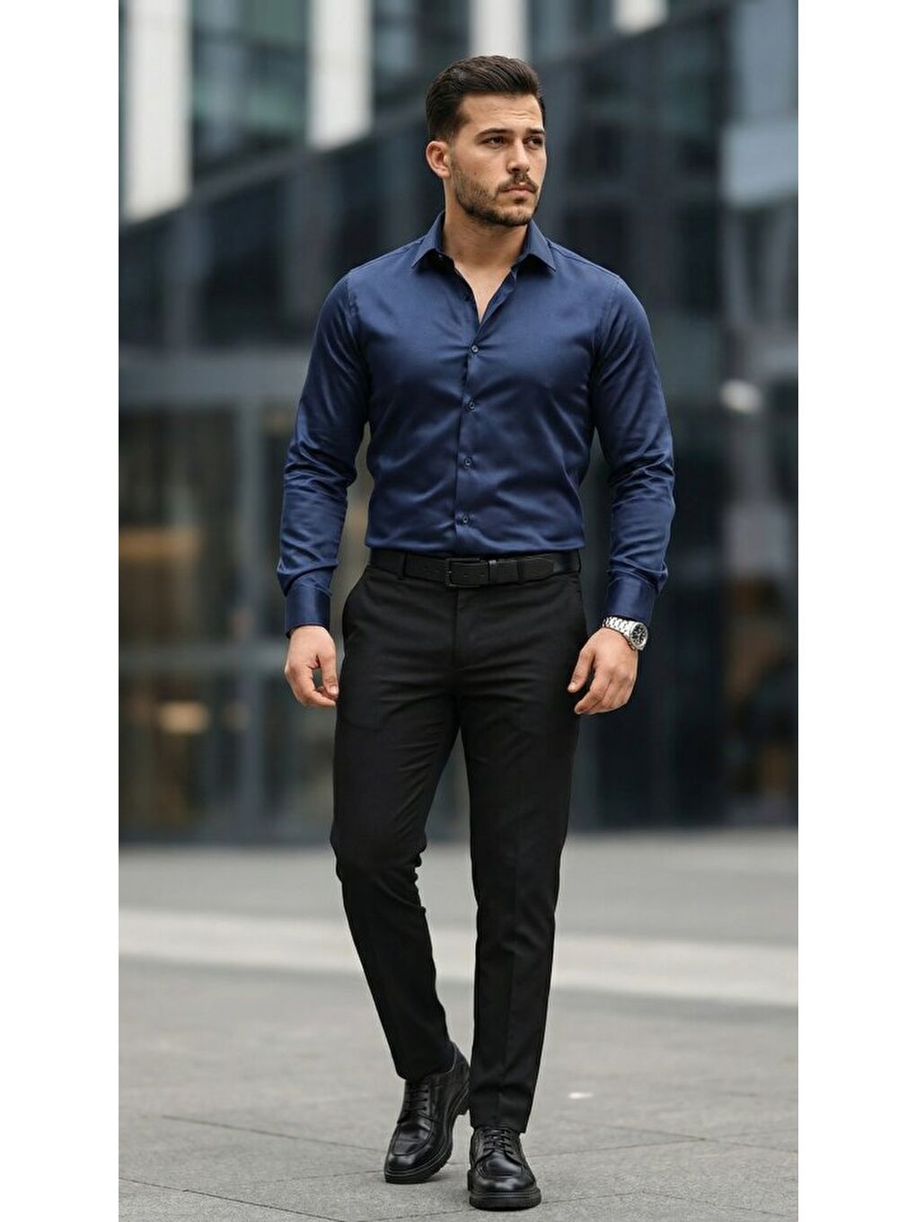 Lacivert Erkek Saten Klasik Gömlek-1