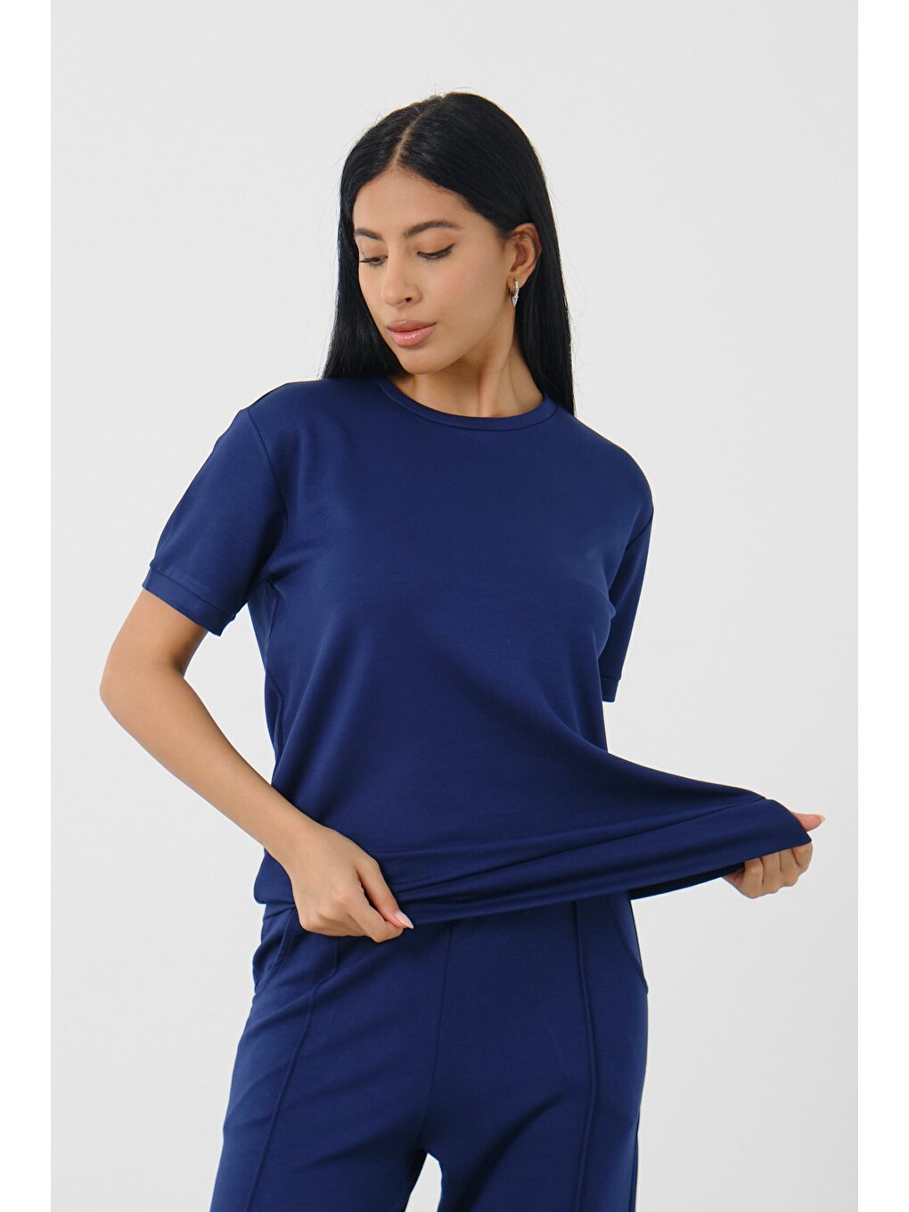 Lacivert Kadın Modal Kumaş Relax Fit İkili Takım Kısa Kollu Günlük Takım-4