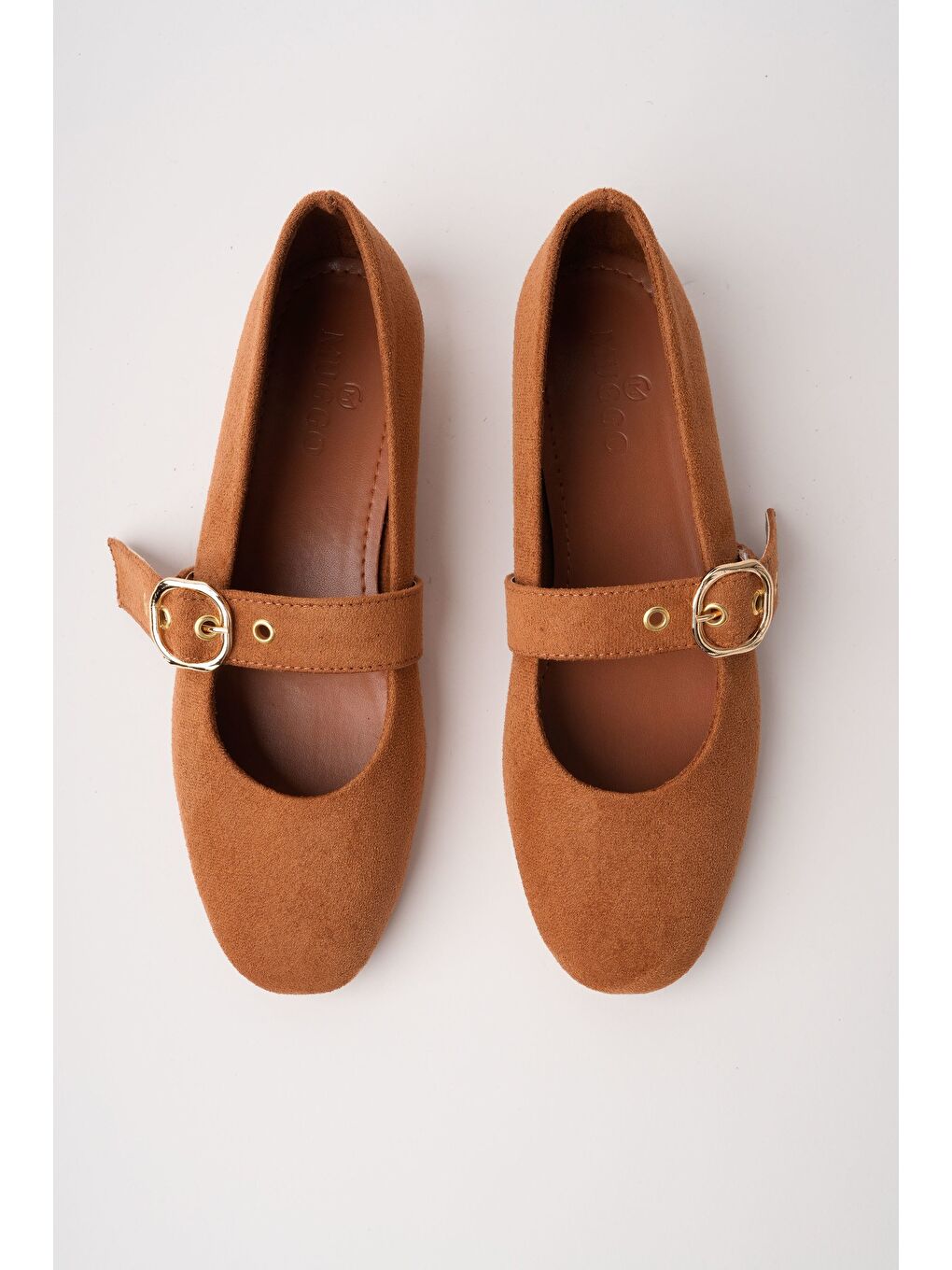 Kahverengi HALSEY Gold Tokalı Deri Kadın Babet Ayakkabı