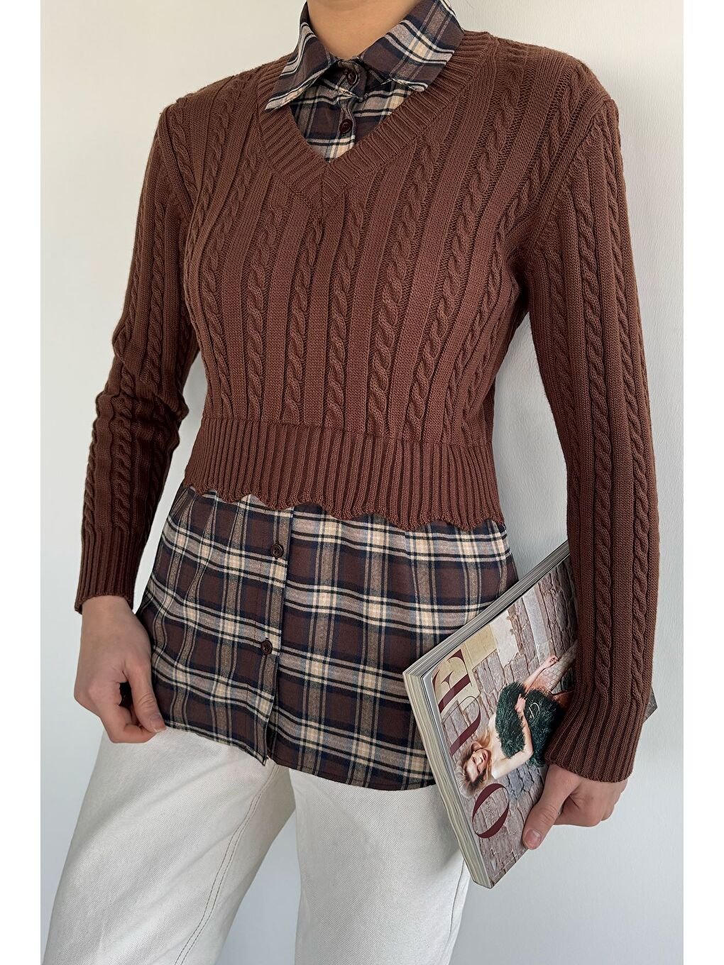 Kahverengi Kadın Gömlek Garnili Triko Bluz (s-m-l Beden Uyumludur.)