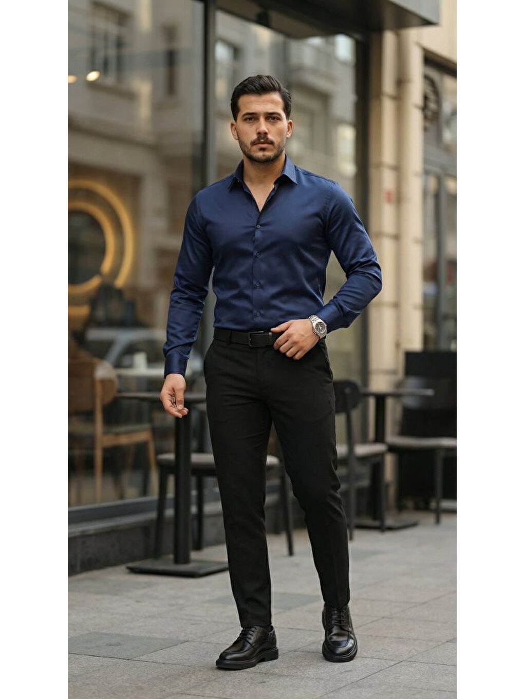 Lacivert Erkek Saten Klasik Gömlek-2