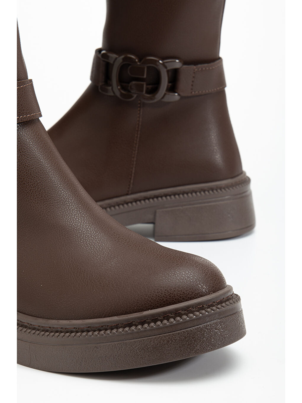 Kahverengi Kadın Kahve Cilt Kalın Termo Taban Tokalı Fermuarlı Çizme-2