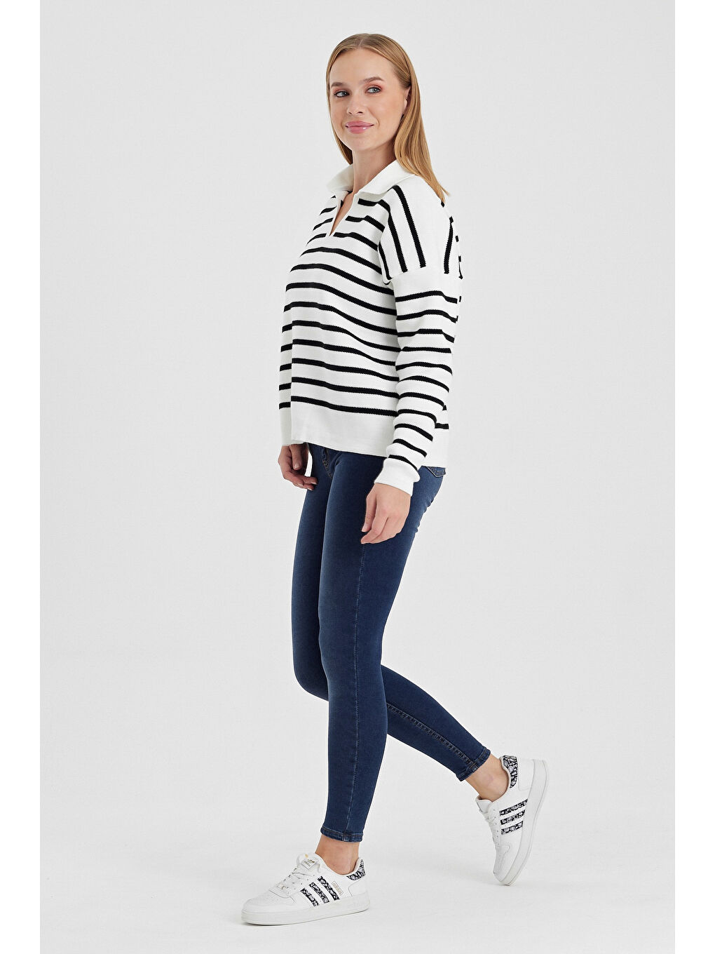 Ekru Gömlek Yaka Uzun Kol Çizgili Casual Uzun Triko Kazak 60 65-6