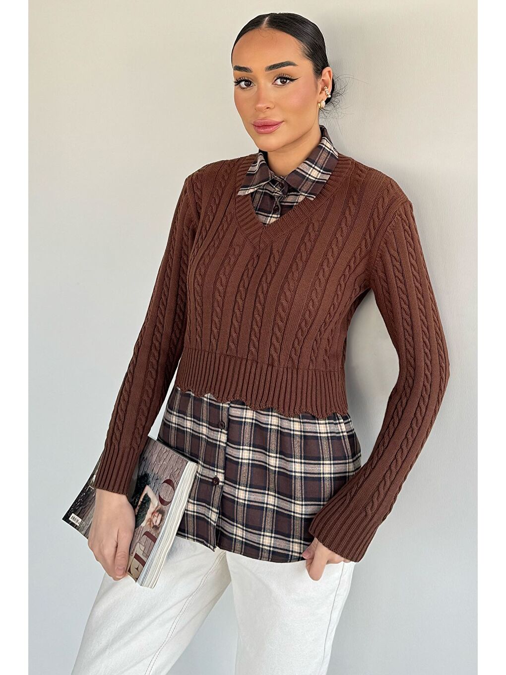 Kahverengi Kadın Gömlek Garnili Triko Bluz (s-m-l Beden Uyumludur.)-1
