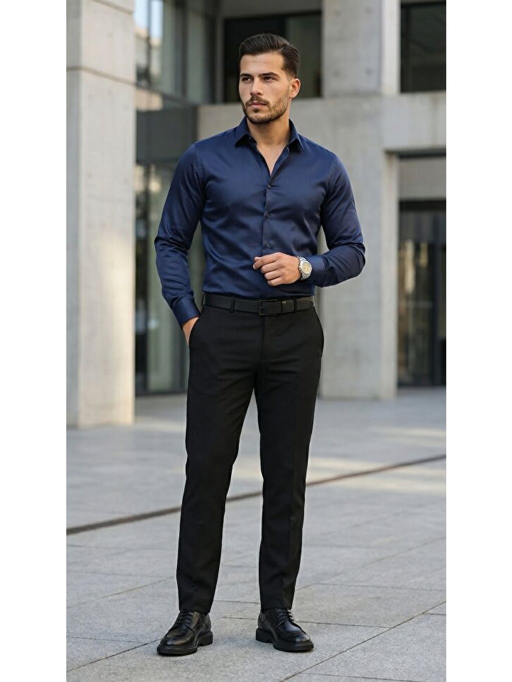 Lacivert Erkek Saten Klasik Gömlek-3