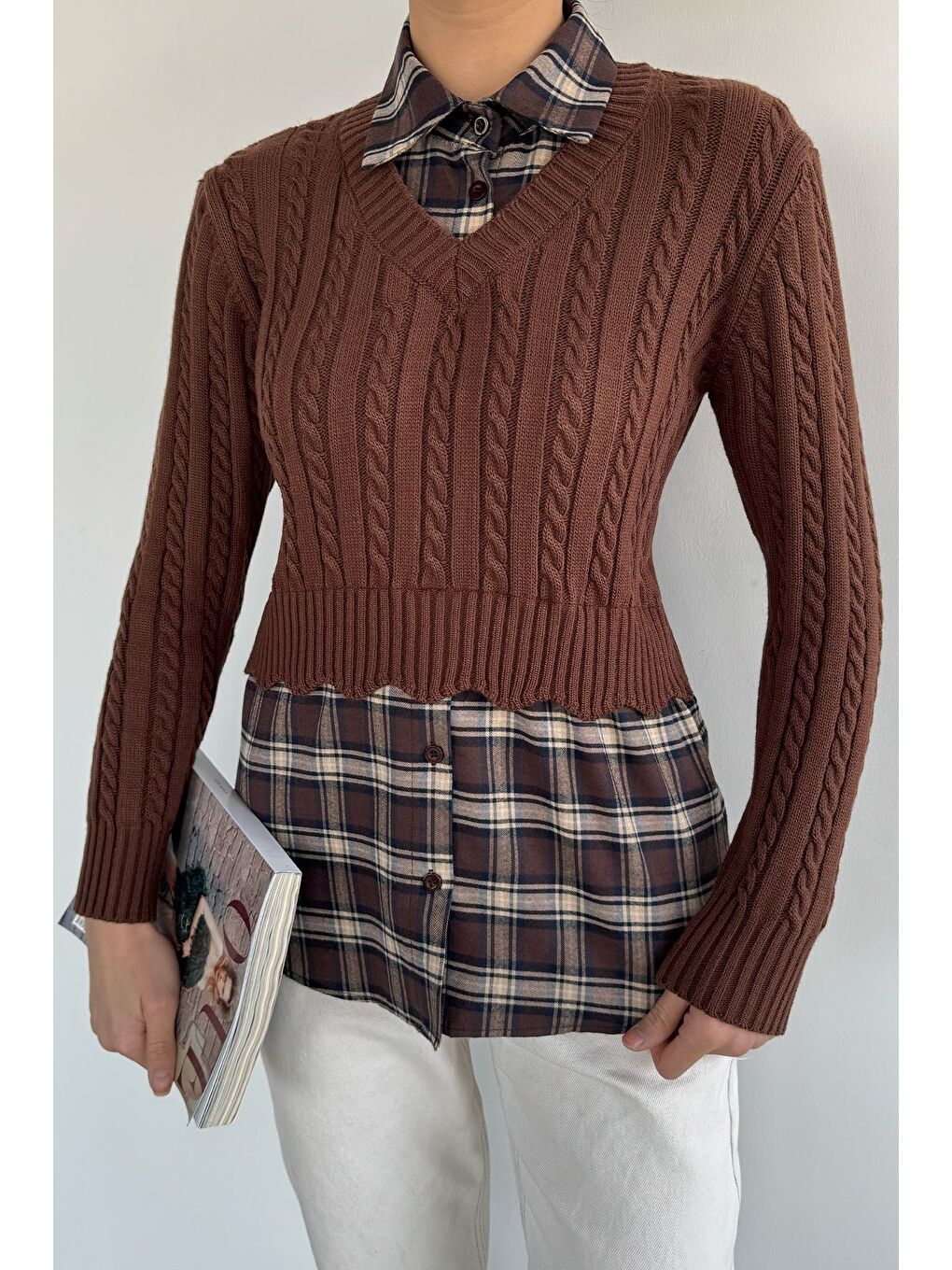Kahverengi Kadın Gömlek Garnili Triko Bluz (s-m-l Beden Uyumludur.)-2